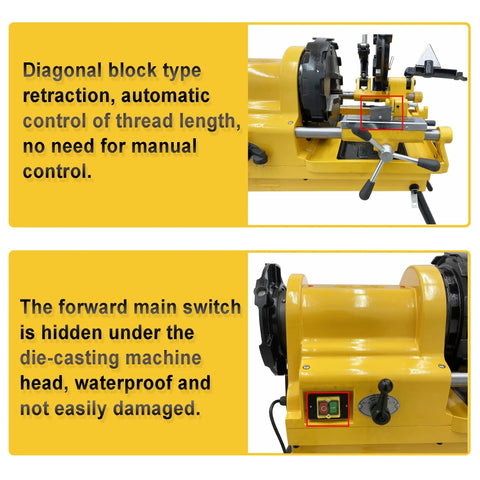 Built Tough Electric Pipe Threader Machine Half To Four Inch Range showing automated thread control and waterproof main switch.