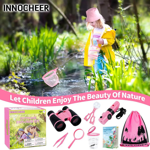 Girls Outdoor Explorer Kit With Bug Catcher Gear For Backyard Adventures displayed with pink and yellow accessories.
