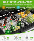 104 Quart Patio Rolling Ice Chest Cooler Cart With Wheels For Outdoor Parties And Backyard BBQs filled with ice, bottles, and fruit.