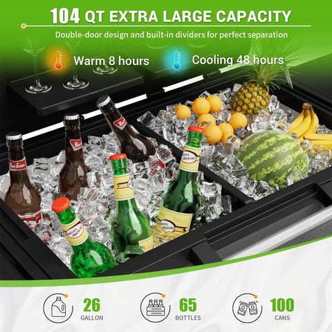 104 Quart Patio Rolling Ice Chest Cooler Cart With Wheels For Outdoor Parties And Backyard BBQs filled with ice, bottles, and fruit.