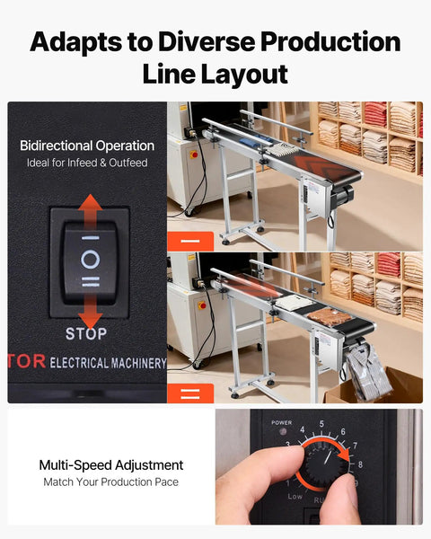 Heavy Duty PVC Belt Conveyor 47 Inch Long And 7.8 Inch Wide With Motorized Drive, adjustable speed dial and conveyor switch