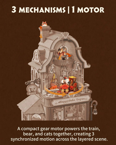 Hands-On DIY Miniature House Kit With Moving Scenes Music Box And LED Light, 3D Wooden Puzzles For Book Nook Tiny Home Decor, Kinetic Model Building Kit Type C Powered, Gift For Adults And Craft Lovers, wooden train scene