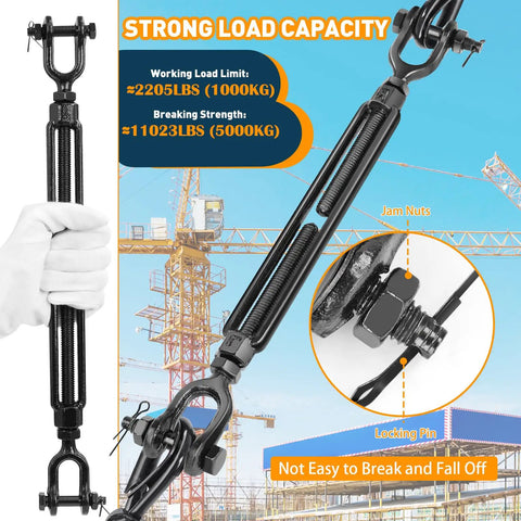 Heavy Duty Turnbuckle With Large Jaw For Cables And Wire Rope Half Inch 2205 Lbs Working Load Black Tensioner in hand