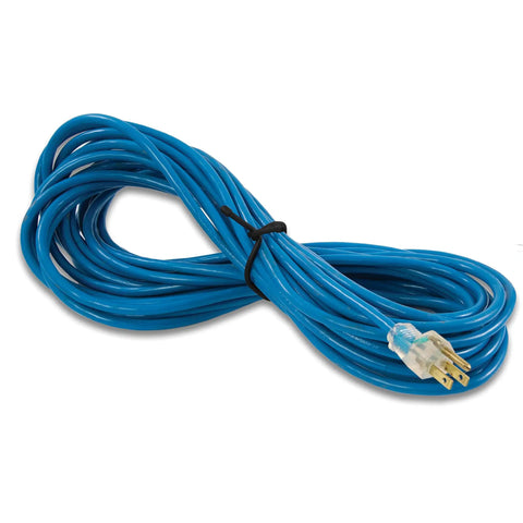 Blue coiled electrical cable with plug against a white background.