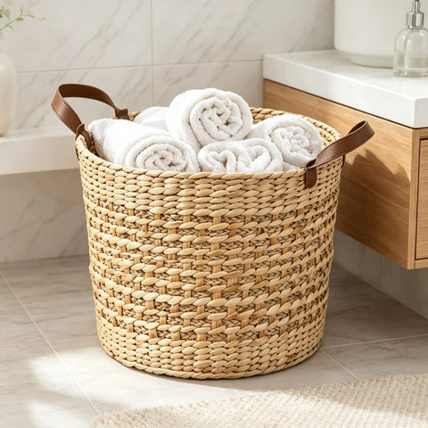 Large Water Hyacinth Storage Basket 15.7 Inch Woven Seagrass Bin With Sturdy Design and rolled towels in bathroom setting