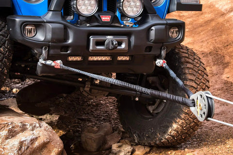 Jeep with Beefy Snatch Block for Off Road Recovery, Mid to Full Size, 52,000 Pound Breaking Strength in use with winch line