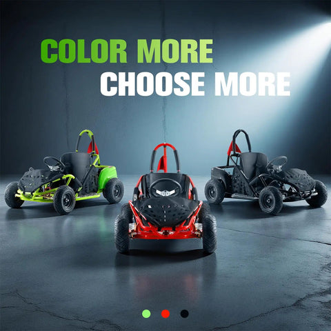 Three Hardcore Electric Go Karts With 1000W Brushless Motor and 48V Battery showcasing color options on display.