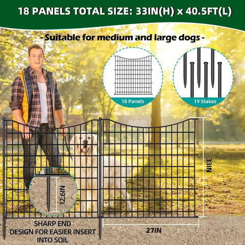 18 Panel No Dig Decorative Fence With Gate For Outdoor Yard And Patio, 33 Inches High, 40.5 Feet Long, Rustproof Metal Wire Edging Garden Barrier, Portable Temporary Dog Fencing For Pets