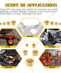 Brass NPT Pipe Plugs Kit 16-Piece, 5 Sizes 1/8 1/4 3/8 1/2 3/4 Inch applications shown in auto repair, engine block, oil tank.