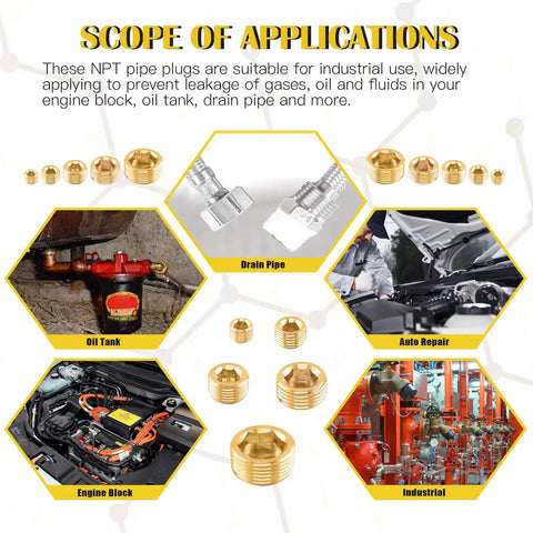 Brass NPT Pipe Plugs Kit 16-Piece, 5 Sizes 1/8 1/4 3/8 1/2 3/4 Inch applications shown in auto repair, engine block, oil tank.
