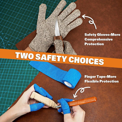 All In One Wood Carving Set For Beginners 32 Piece Toolkit showing safety gloves and finger tape for protection while carving