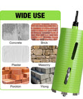 Heavy Duty 4 Inch Dry Core Drill Bit With Full Masonry Setup Featuring Quick Release Pilot Bit Drift Tool Plus Two Pro Grade Adapters For Blazing Through Concrete Or Brick Job Sites Zero Sweat Needed showing various materials it can cut.