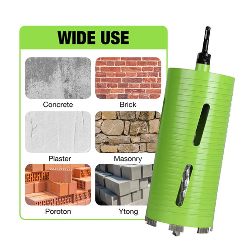 Heavy Duty 4 Inch Dry Core Drill Bit With Full Masonry Setup Featuring Quick Release Pilot Bit Drift Tool Plus Two Pro Grade Adapters For Blazing Through Concrete Or Brick Job Sites Zero Sweat Needed showing various materials it can cut.