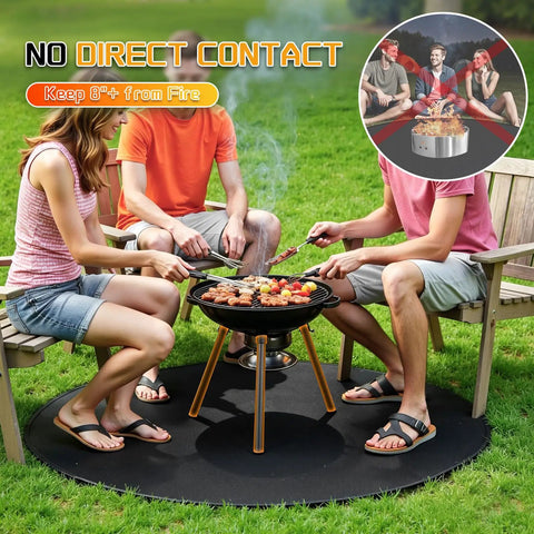 People enjoying barbecue on 40 Inch Round Fire Pit Mat For Decks And Patios Double Sided Fireproof Under Grill Mat Heat Resistant Lawn Protector.