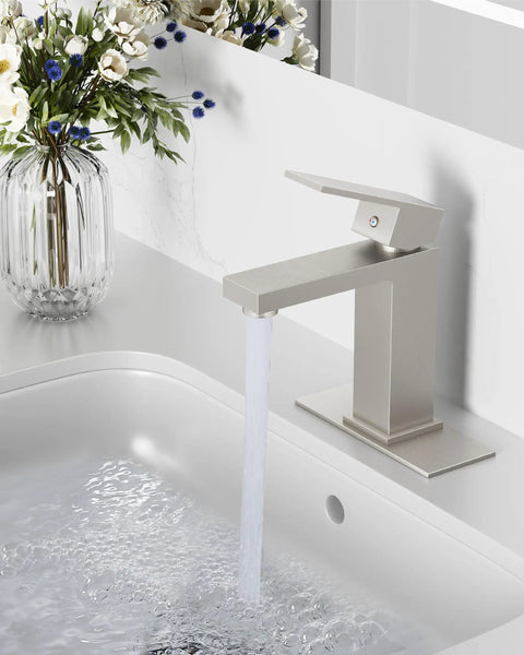 1 Hole Single Handle Stainless Steel Bathroom Faucet With Deck Plate In Brushed Nickel Modern Vanity Sink Faucet Set Includes Water Supply Hoses ABS Pop Up Drain No Plumber Needed Easy Install Kit