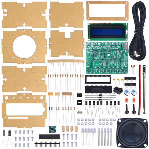 DIY FM Radio Kit With LED Pulse Lights And LCD Display 87 To 108 MHz Soldering Practice Project parts layout view
