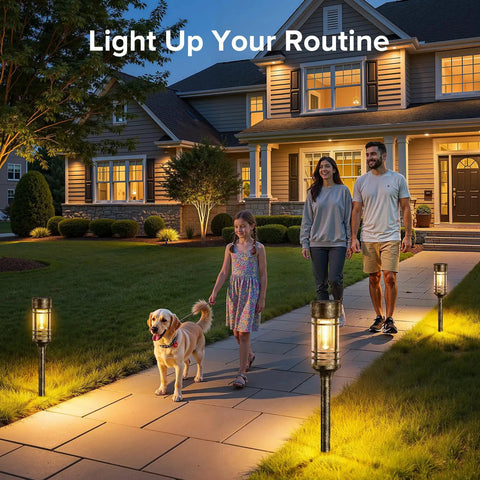 Family walking at night on a lit pathway with 4 Pack Solar Firefly Lights Outdoor Garden Decor with 32 LED Swaying Iron Wire Bulbs