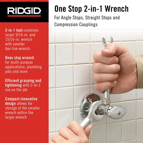 One Stop 2-In-1 Wrench for angle stops and compression couplings in use on bathroom valve, showcasing dual wrench design.