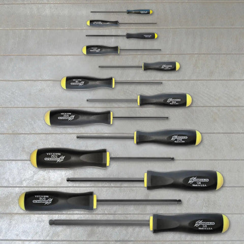 Set Of 13 Workhorse Balldriver Screwdrivers With ProGuard Finish arranged on wooden surface
