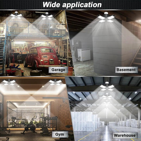 Hella Bright 150W LED Garage Lights With Four Flexible Panels illuminating garage, basement, gym, and warehouse spaces