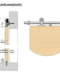 Diagram of Integrated Soft Close Sliding Barn Door Hardware Kit in brushed stainless steel, showing measurements and top mount track system.