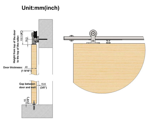 Diagram of Integrated Soft Close Sliding Barn Door Hardware Kit in brushed stainless steel, showing measurements and top mount track system.