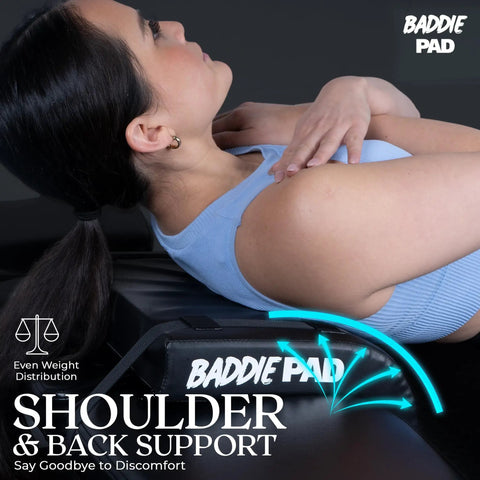 Hip Thrust Pad For Back, Shoulder And Neck Support, Cushioned Barbell Pad, Baddie Pad on surface with woman demonstrating use