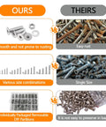 Comparison of 1270 Piece Stainless Steel Screw Kit M2 to M5 for 3D Printing and other screws showing quality differences.
