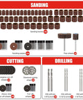 EZUVITA 618PCS rotary tool kit; includes sanding bands, sanding papers, flap wheels, cutting wheels, HSS drill bits