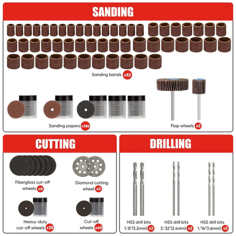 EZUVITA 618PCS rotary tool kit; includes sanding bands, sanding papers, flap wheels, cutting wheels, HSS drill bits
