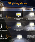 Solar Outdoor Flood Lights 2 Pack Waterproof LED With Motion Sensor Dusk To Dawn showing 3 lighting modes: sensor, dim, constant.