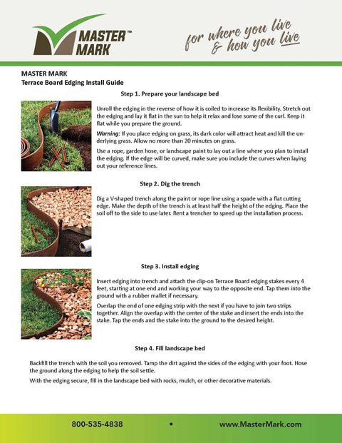 Installation guide showing steps for Landscape Fabric Edging And Fencing Brown 3 Inch By 40 Foot With Dope Wood Grain Texture.