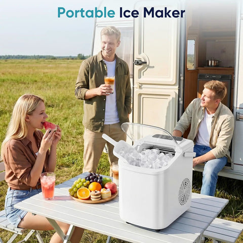Countertop Ice Maker With Portable Handle And Ice Basket, Delivers Up To 26 Lbs Of Ice Per Day in outdoor setting