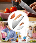 Heavy Duty Stainless Steel Meat Cleaver And 2 Piece Kitchen Chopper Set with non-slip grip, used by people in kitchen and camping scenes.