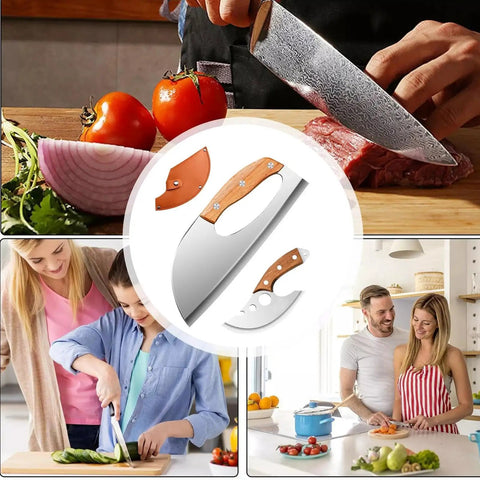 Heavy Duty Stainless Steel Meat Cleaver And 2 Piece Kitchen Chopper Set with non-slip grip, used by people in kitchen and camping scenes.