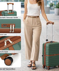 Expandable Carry On Luggage 20 Inch With Spinner Wheels Airline Approved Durable PC ABS Hardside Roller Case Lockable 35L Expands To 42L Fits 22 By 14 By 9 Inches Travel Ready Green Brown Your Go To Travel Companion showing woman with handle, lock, zipper, and wheel features.