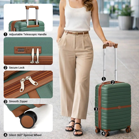 Expandable Carry On Luggage 20 Inch With Spinner Wheels Airline Approved Durable PC ABS Hardside Roller Case Lockable 35L Expands To 42L Fits 22 By 14 By 9 Inches Travel Ready Green Brown Your Go To Travel Companion showing woman with handle, lock, zipper, and wheel features.