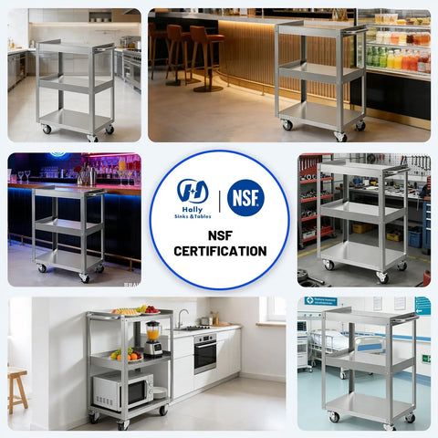 Heavy Duty Stainless Steel Utility Cart Three Tier With Wheels And Handle, NSF Commercial Mobile Rolling Cart for Kitchen