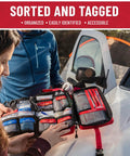 98 Piece Premium First Aid Kit For Travel, Camping, Home And Outdoor Emergencies With Labeled Compartments CPR Pouch shown open
