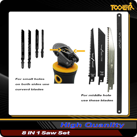 8-in-1 hand saw with quick-change blade system; shows 8 blades and yellow/black handle
