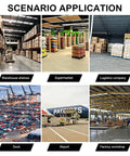 Various scenarios showcasing CNFKF Electric Pallet Stacker With Telescopic Fork in warehouse, supermarket, dock, and factory settings.