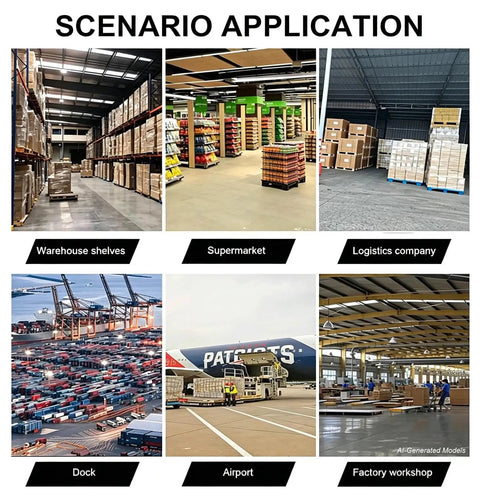Various scenarios showcasing CNFKF Electric Pallet Stacker With Telescopic Fork in warehouse, supermarket, dock, and factory settings.