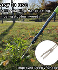Weed Puller Tool With 48 Inch Long Handle And Soft Foam Grip For Easy Weed Removal Upgraded V Shaped Forks shown in garden setting.