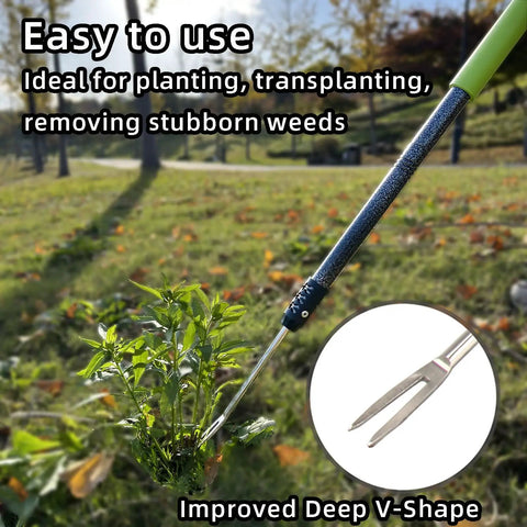 Weed Puller Tool With 48 Inch Long Handle And Soft Foam Grip For Easy Weed Removal Upgraded V Shaped Forks shown in garden setting.