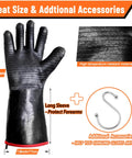 Heavy Duty BBQ Gloves 14 Inch Heat Resistant Mitts With Arm Guard Up To 1472 Fahrenheit Waterproof And Oil Resistant, black gloves with long sleeve and hook shown.