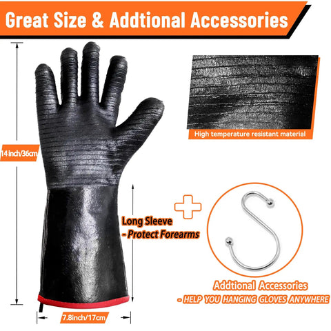 Heavy Duty BBQ Gloves 14 Inch Heat Resistant Mitts With Arm Guard Up To 1472 Fahrenheit Waterproof And Oil Resistant, black gloves with long sleeve and hook shown.