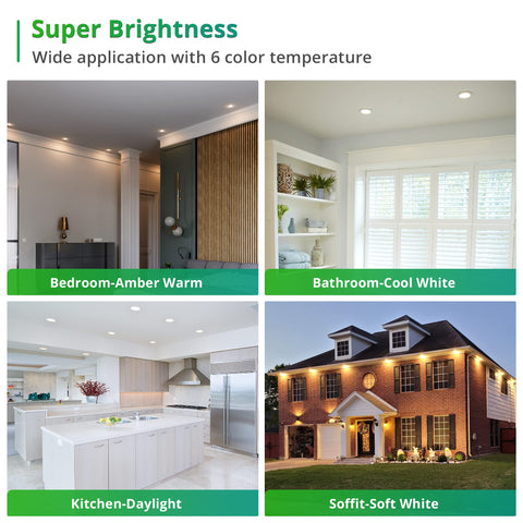 24 Pack 4-Inch Recessed LED Can Lights With 6 CCTs Selectable From 2500K To 5000K, 750LM Brightness, shown in various room settings