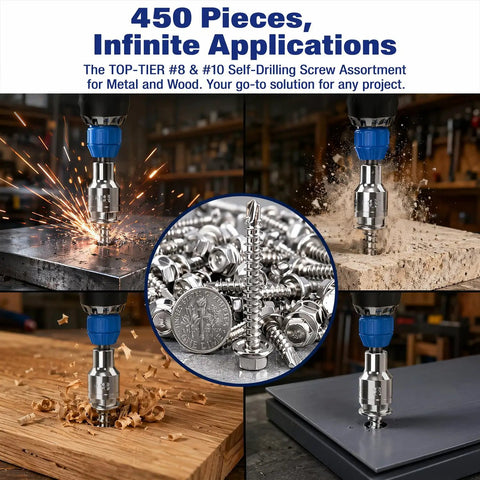 450 Piece Self Tapping And Self Drilling Screws Set In 410 Stainless Steel Hex Washer Head Kit for Iron, Steel, Aluminum Projects