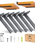 Heavy Duty Floating Shelf Brackets 6 Inch Pack Of 6 With One Quarter Inch Thick Metal Black Powder Coated Finish Holds Over 160 Pounds Includes Complete Mounting Hardware And Easy Install displayed with mounting hardware and packaging