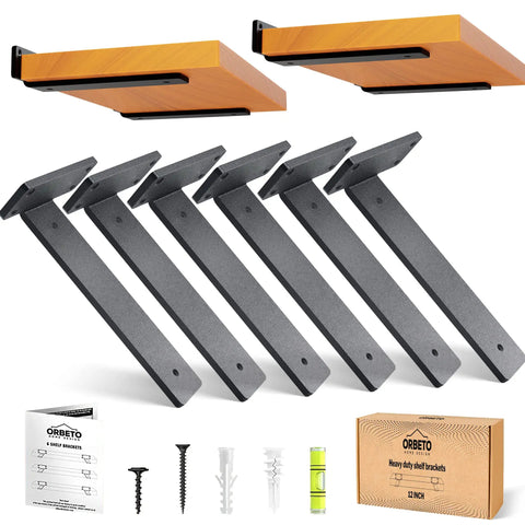 Heavy Duty Floating Shelf Brackets 6 Inch Pack Of 6 With One Quarter Inch Thick Metal Black Powder Coated Finish Holds Over 160 Pounds Includes Complete Mounting Hardware And Easy Install displayed with mounting hardware and packaging